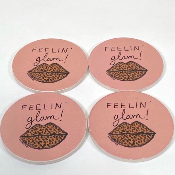 FEELING GLAM Absorbent Stone  Coasters 4 Pack Blush Pink Animal Print Lips Gift - Picture 4 of 14
